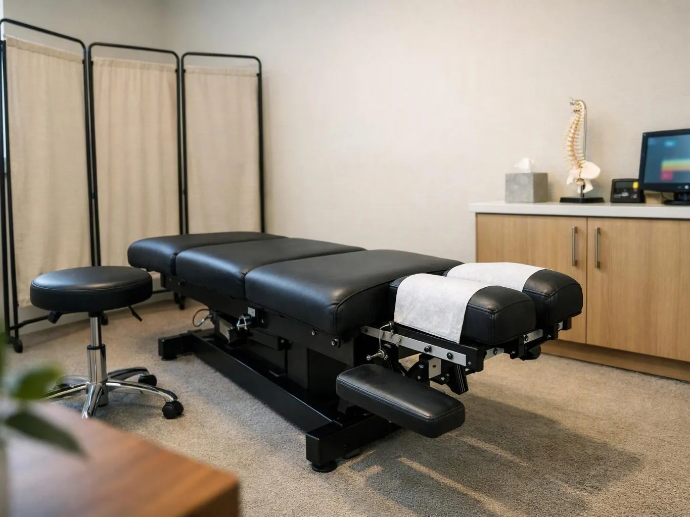 A black chiropractic table sits in a clean treatment room beside a stool, privacy screens, and a cabinet with a spine model