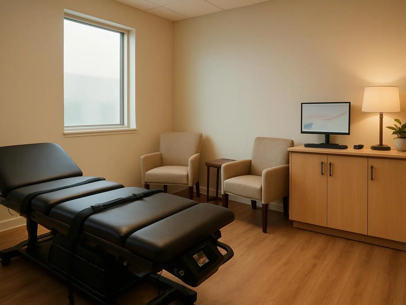 A black medical exam table sits in a quiet room with two beige chairs, a cabinet, and a lamp