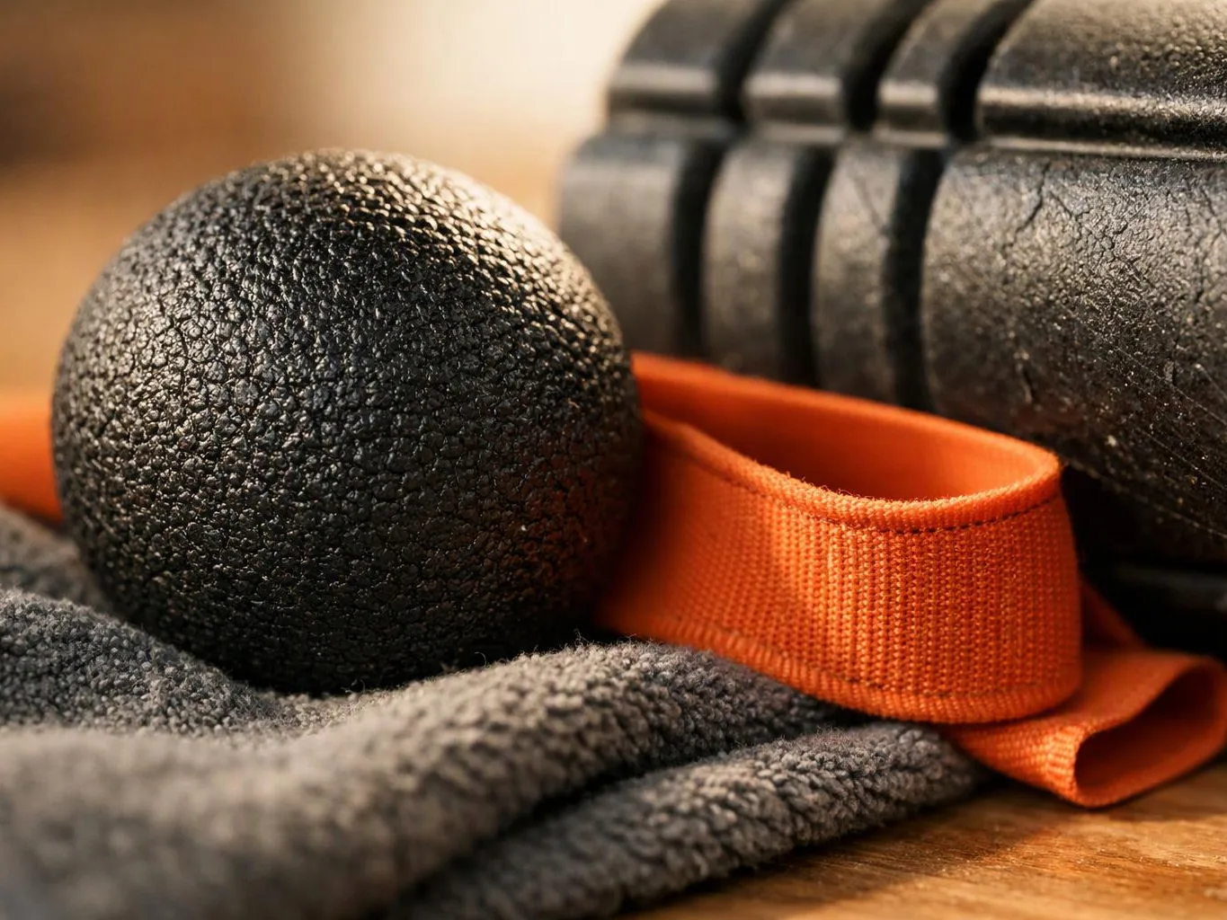 A black textured massage ball and orange resistance band rest on a wooden surface with folded gray fabric