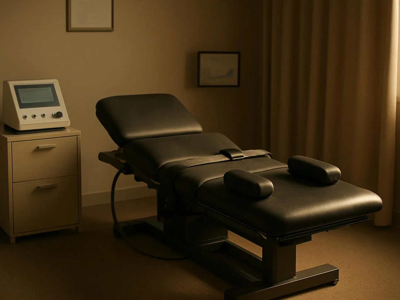 A black treatment table sits beside a small cabinet in a dim, empty clinic room