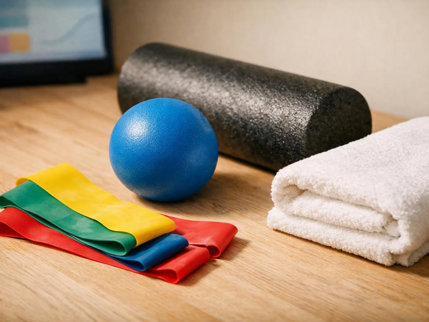 A blue exercise ball, foam roller, resistance bands, and folded towel rest on a wooden table