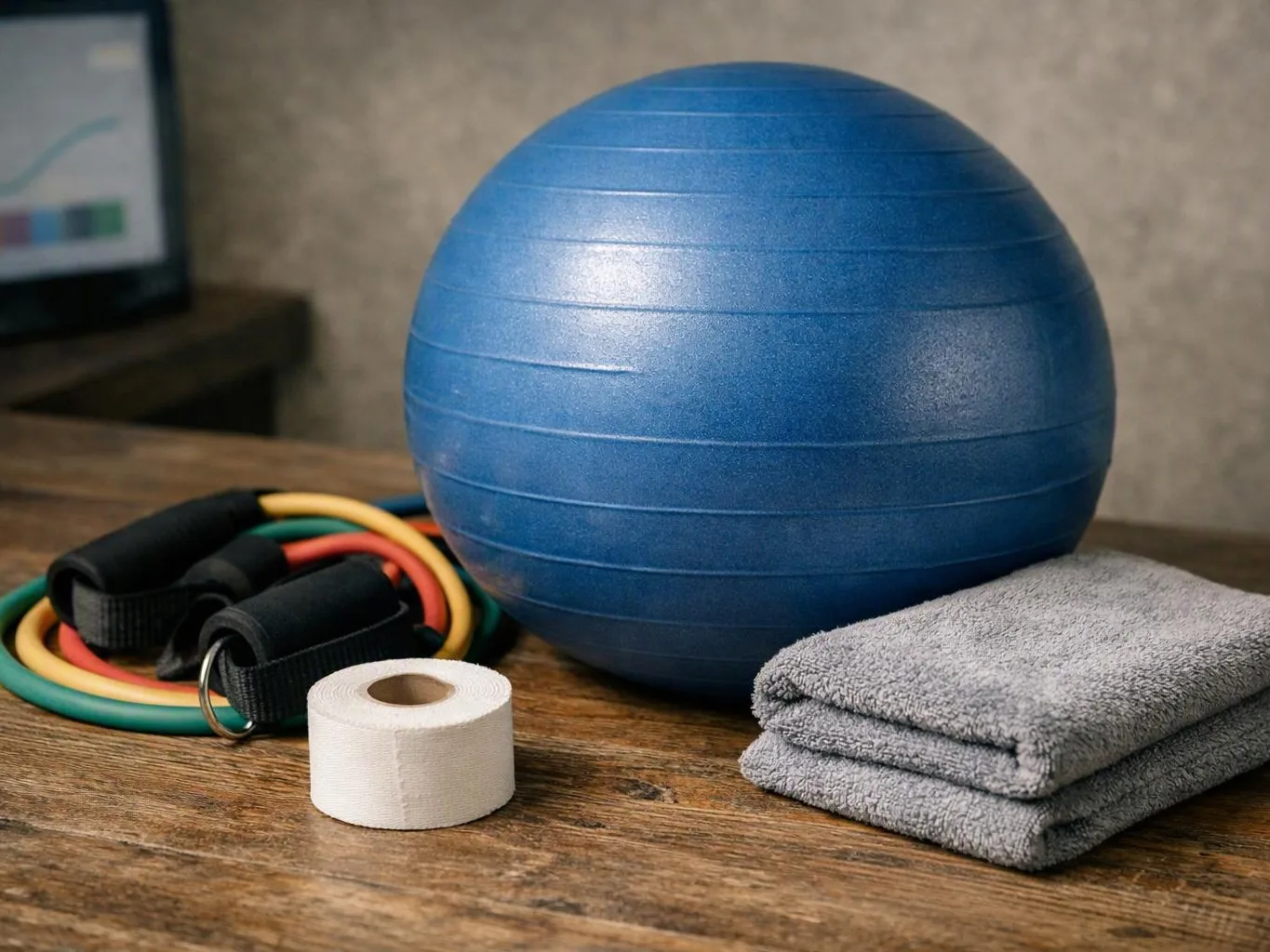 A blue exercise ball sits beside resistance bands, a roll of white tape, and folded gray towels on a wooden table