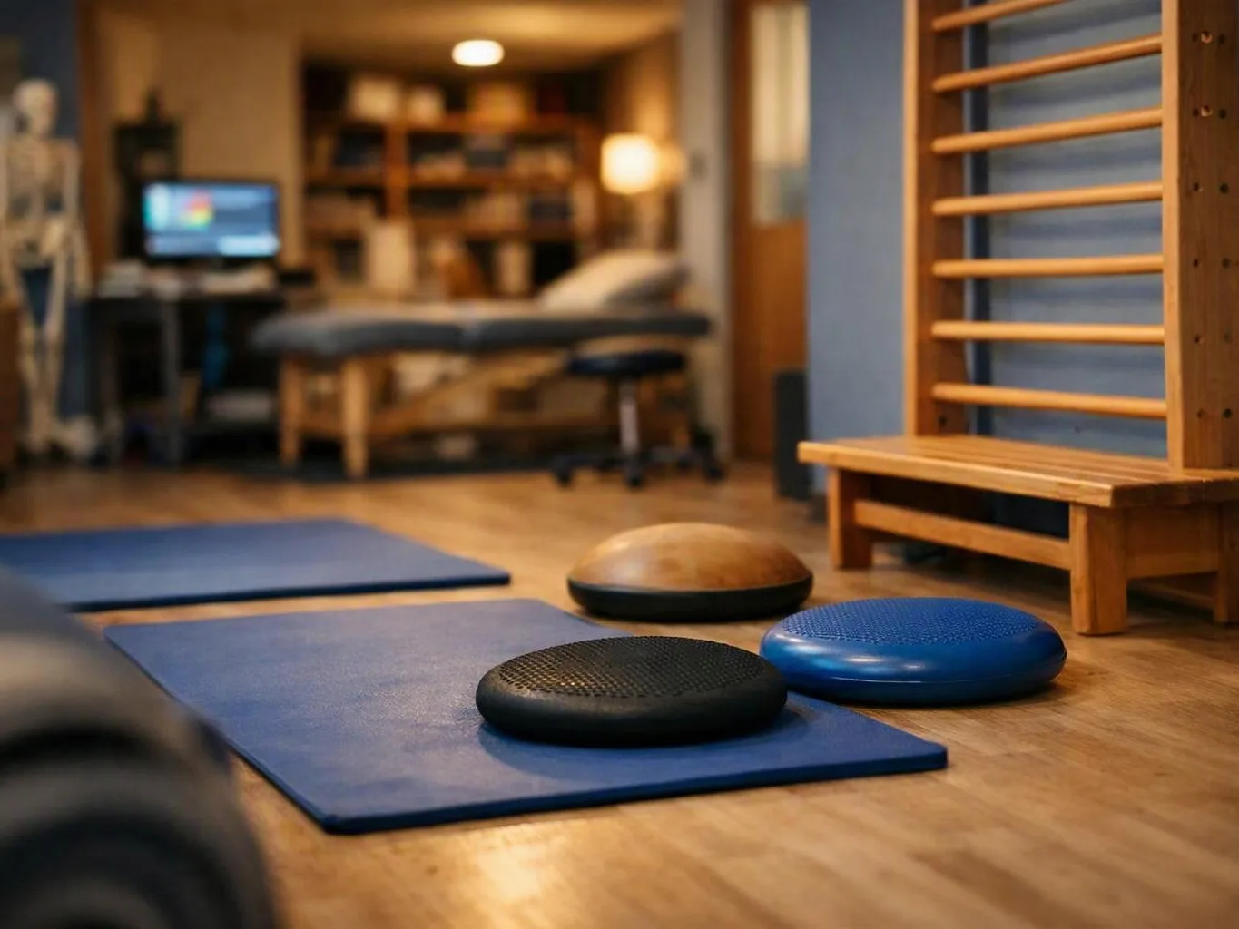 Blue exercise mats and balance cushions sit in a warm therapy room with wooden equipment and a treatment table