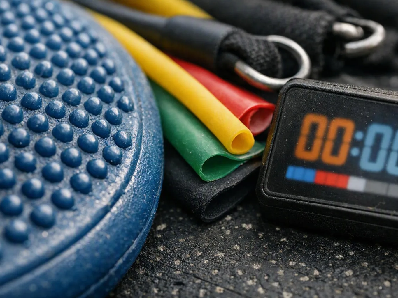 Blue textured exercise disc, resistance bands, and a digital timer lie on a dark gym floor