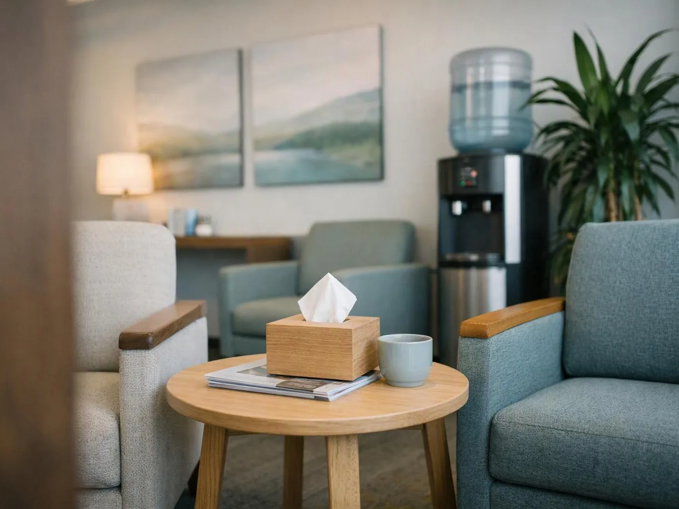 A cozy lounge shows two armchairs, a small round table with tissues and a cup, and a water cooler nearby