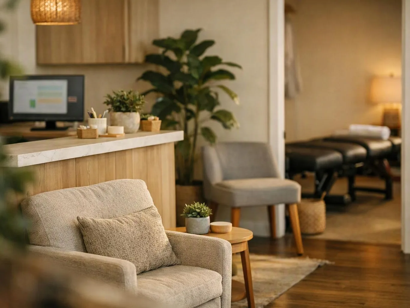 A cozy spa waiting room with beige chairs, small tables, plants, and treatment beds in the back