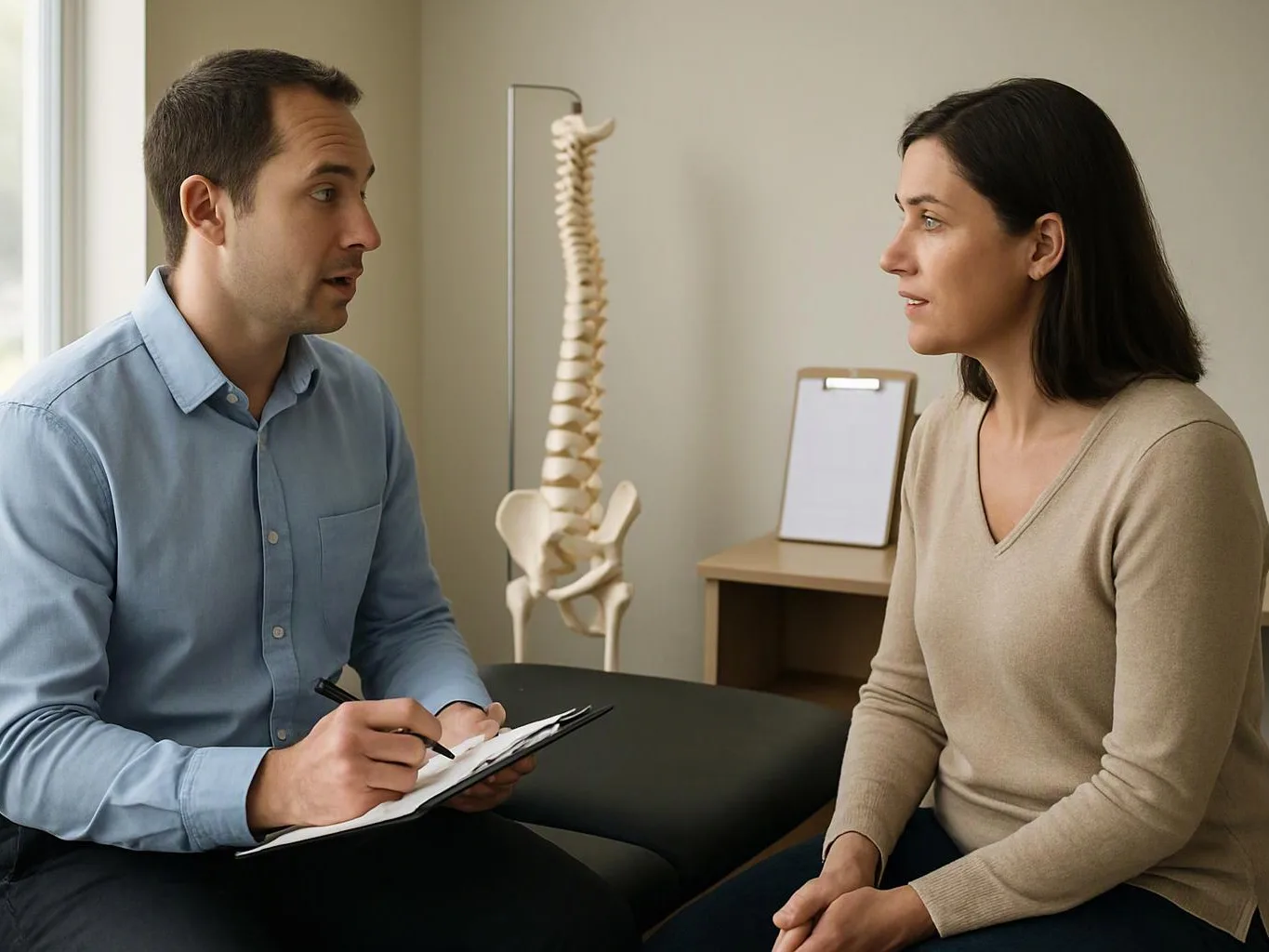 A doctor takes notes while talking with a seated woman in a bright exam room with a spine model