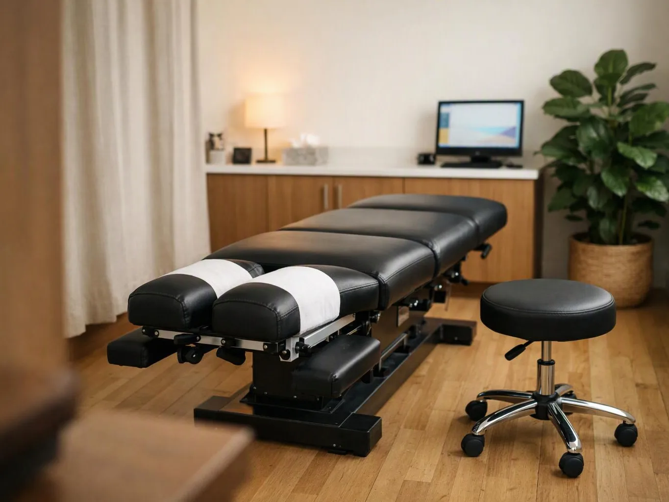 An empty massage table sits in a calm treatment room beside a stool, cabinet, lamp, monitor, and potted plant