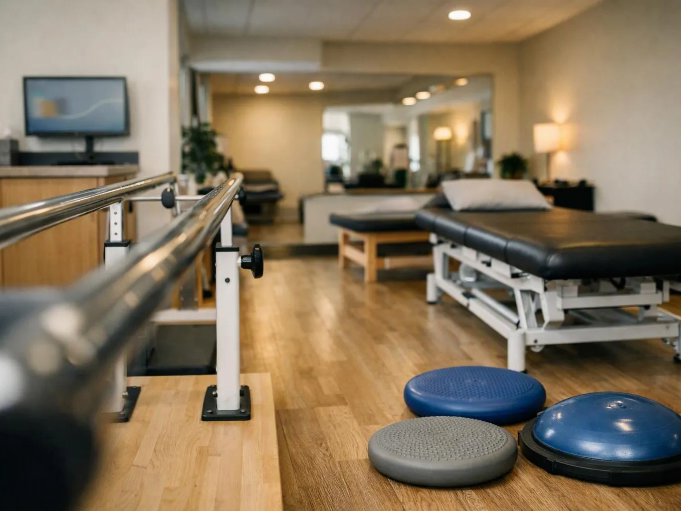 Empty physical therapy room with treatment tables, parallel bars, and balance discs on a wooden floor