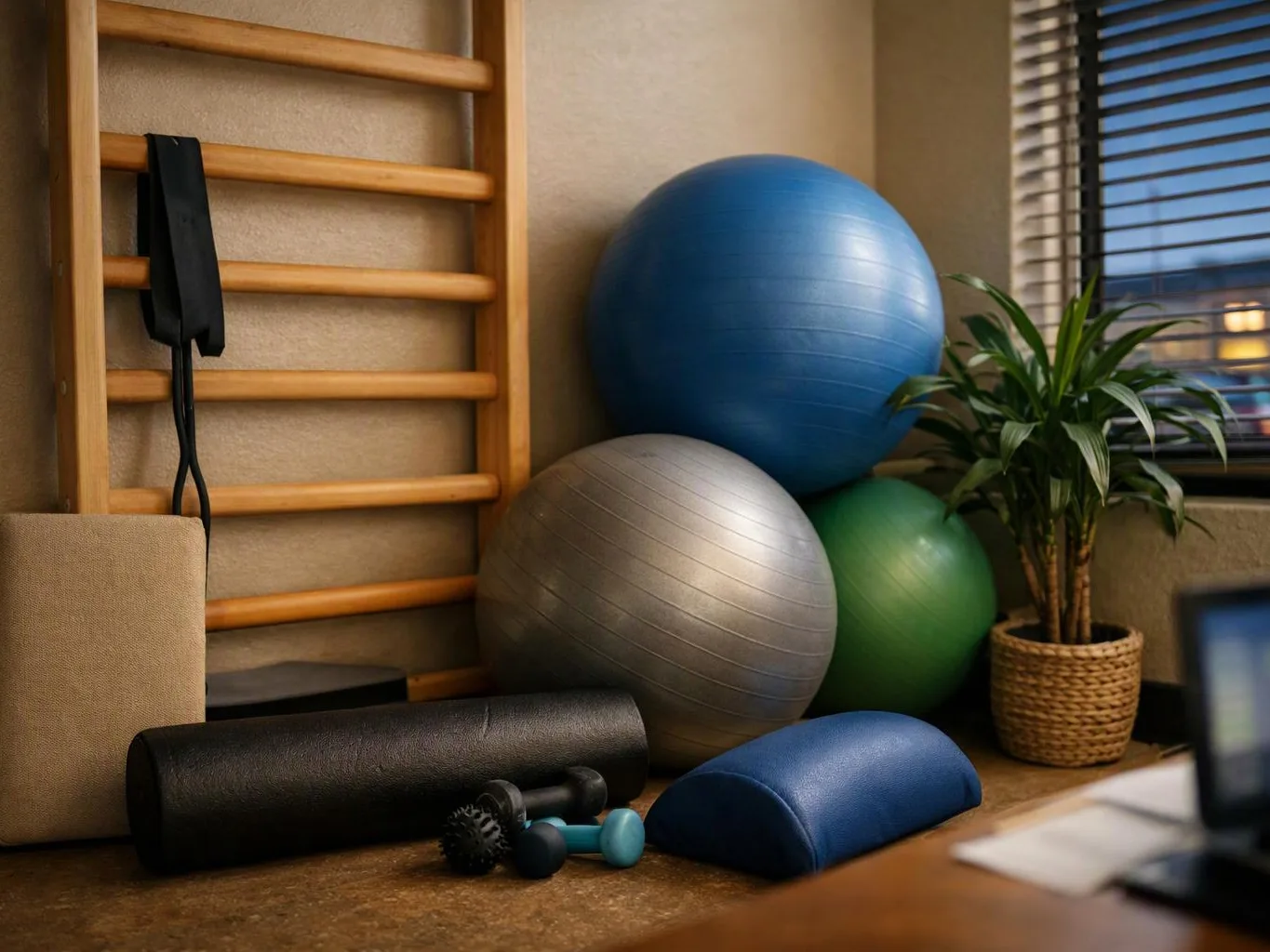 Exercise equipment, yoga balls, and dumbbells rest beside a potted plant near a window