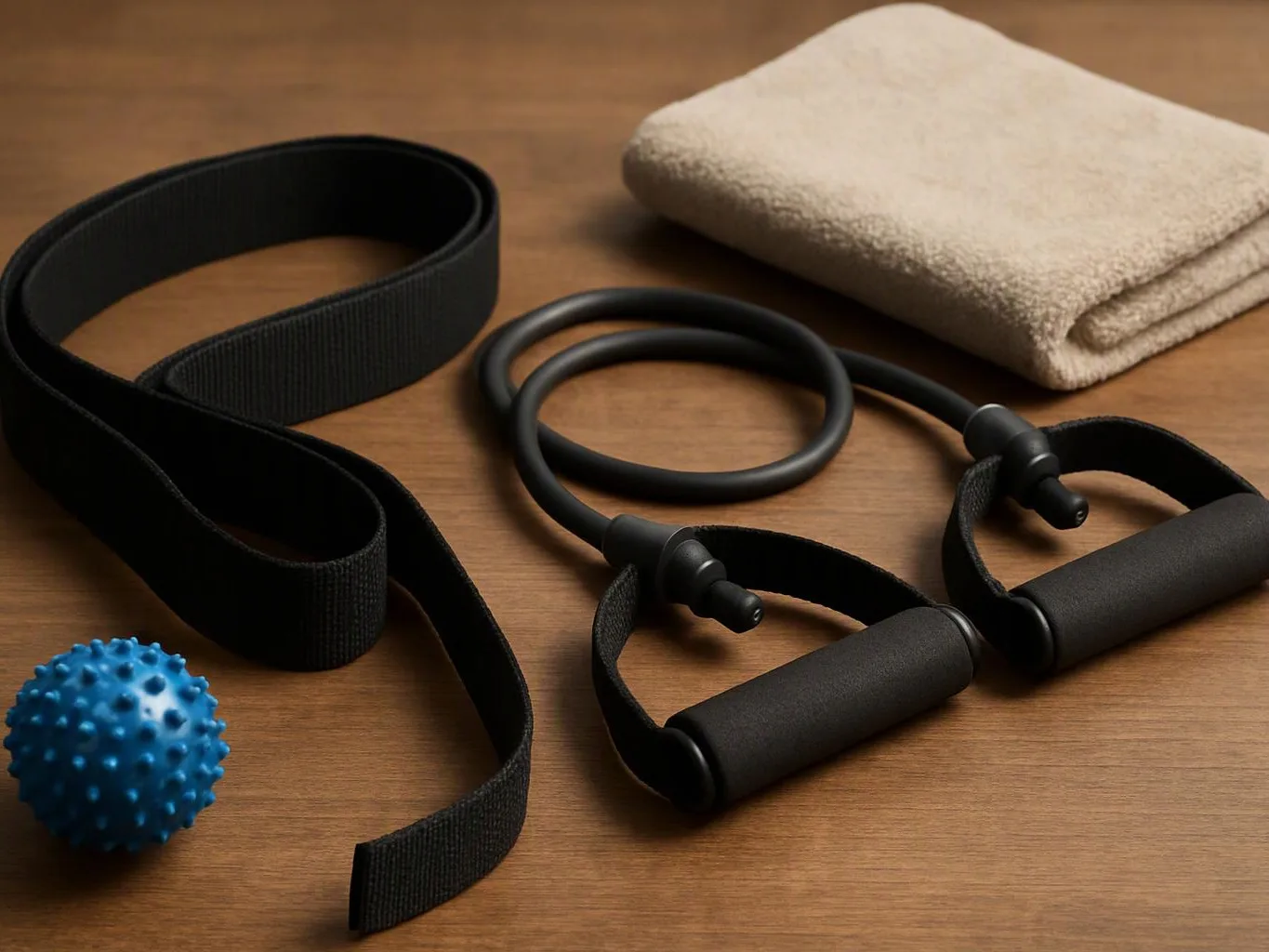 Exercise gear and a blue massage ball lie arranged on a wooden surface, with a folded towel nearby