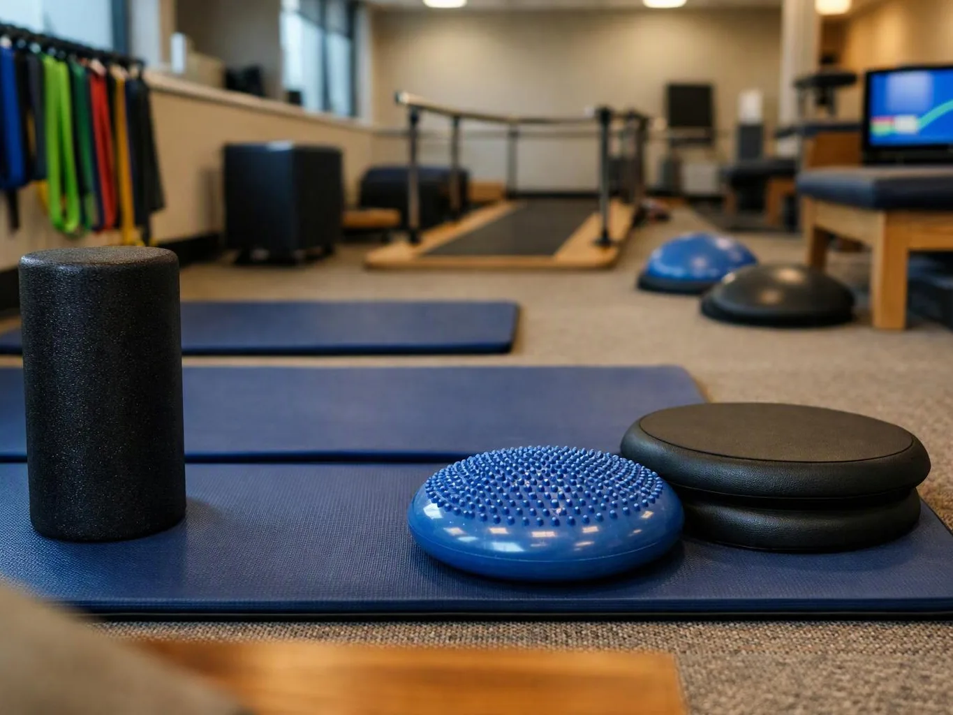 Exercise mats and balance tools sit in a quiet therapy room with parallel bars and a monitor