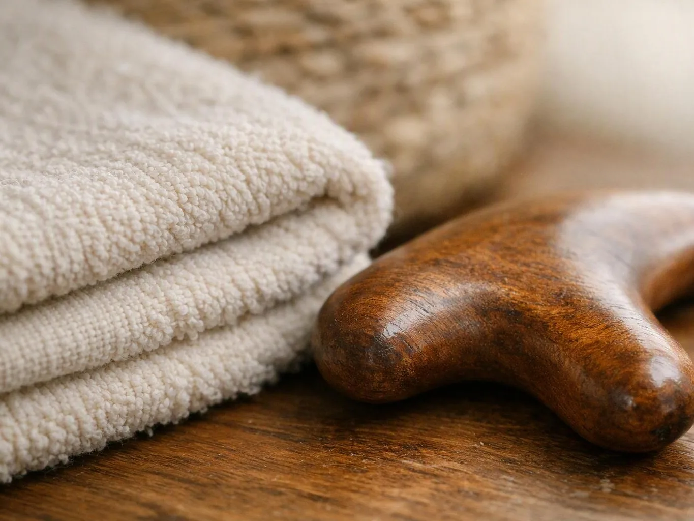 Folded beige towels rest beside a polished wooden massage tool on a table
