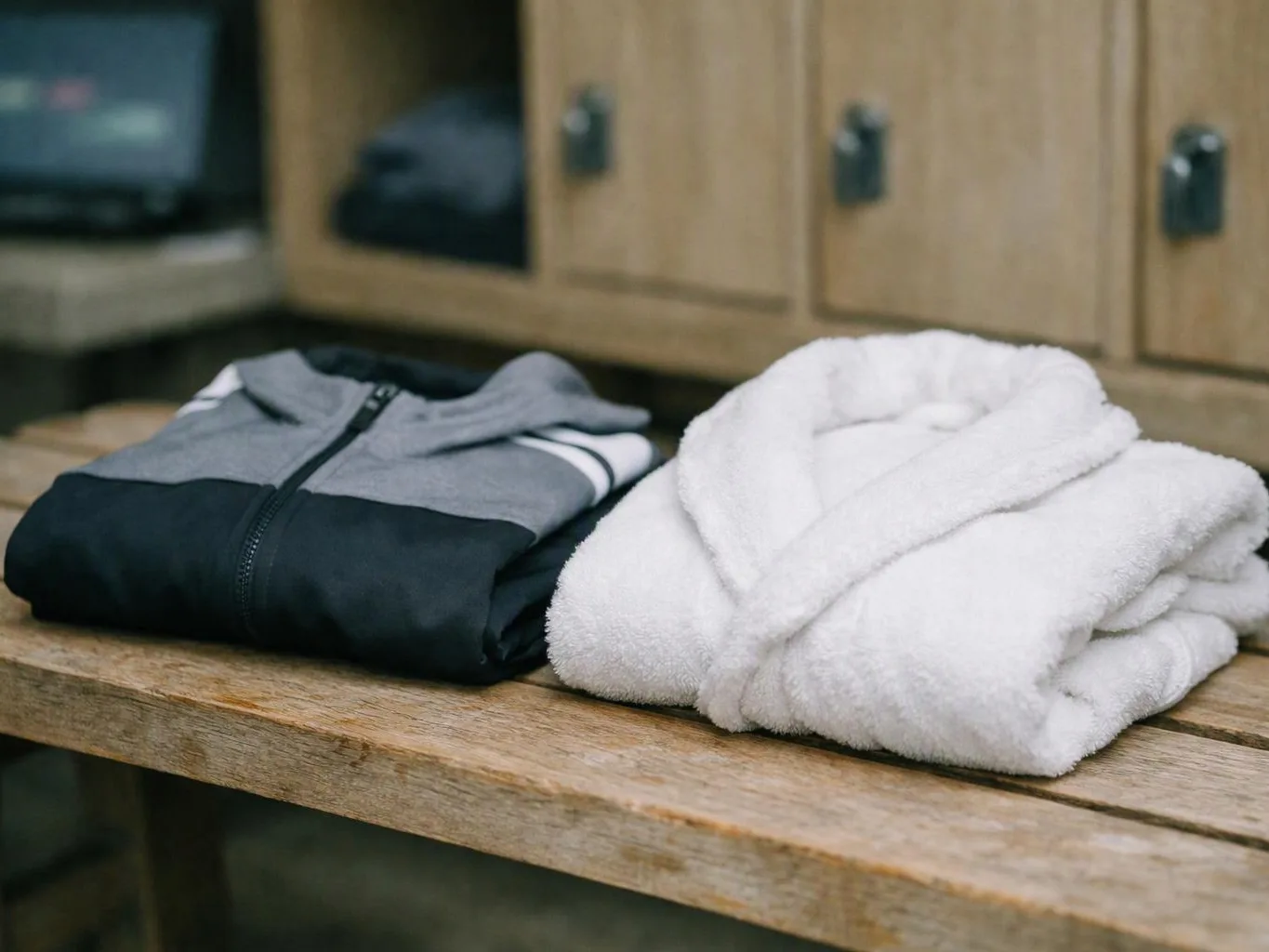 A folded gray and black jacket sits beside a folded white robe on a wooden bench