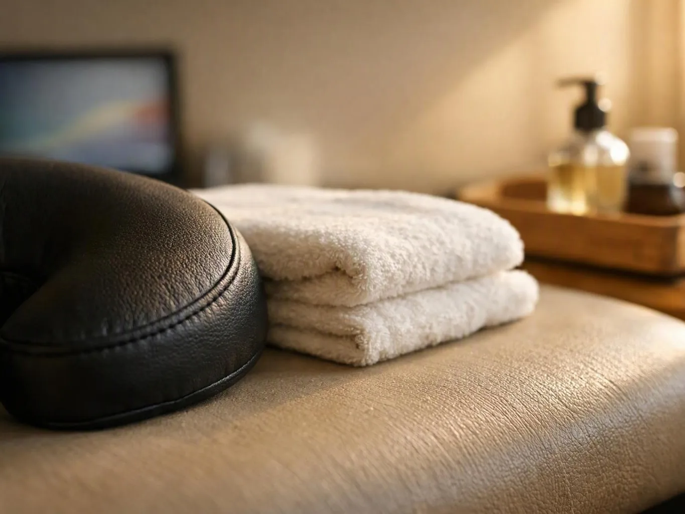 Folded white towels and a black neck pillow rest on a beige spa table beside a soap tray