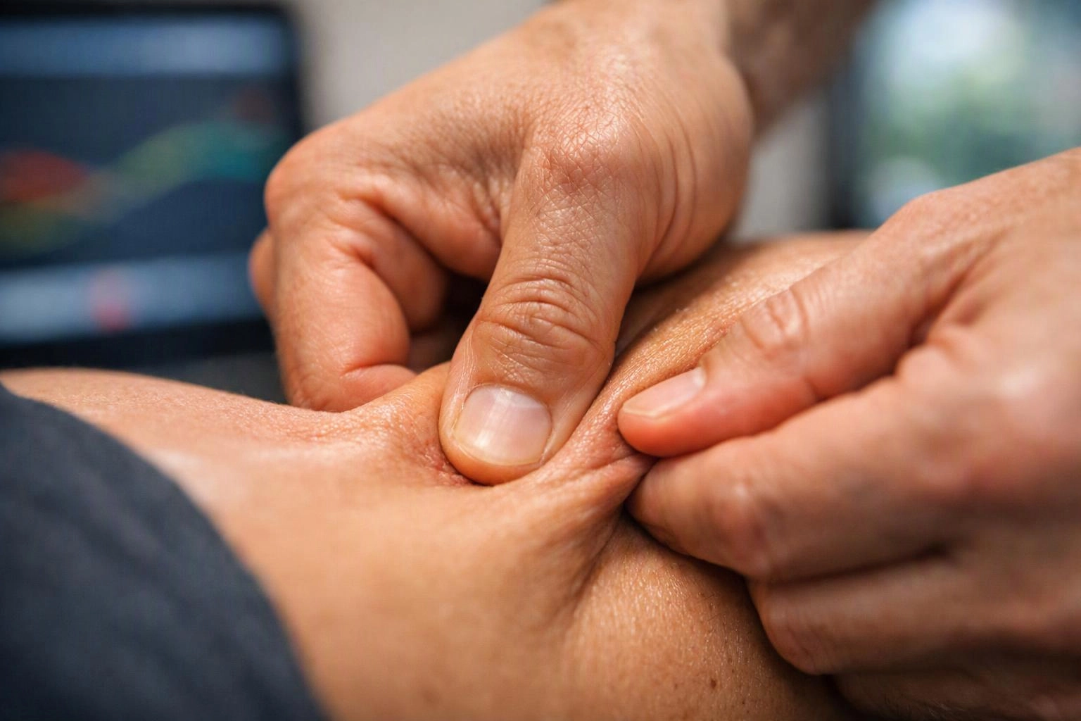 Close-up hands pinch and press skin on a person’s side, with a blurred screen in the background
