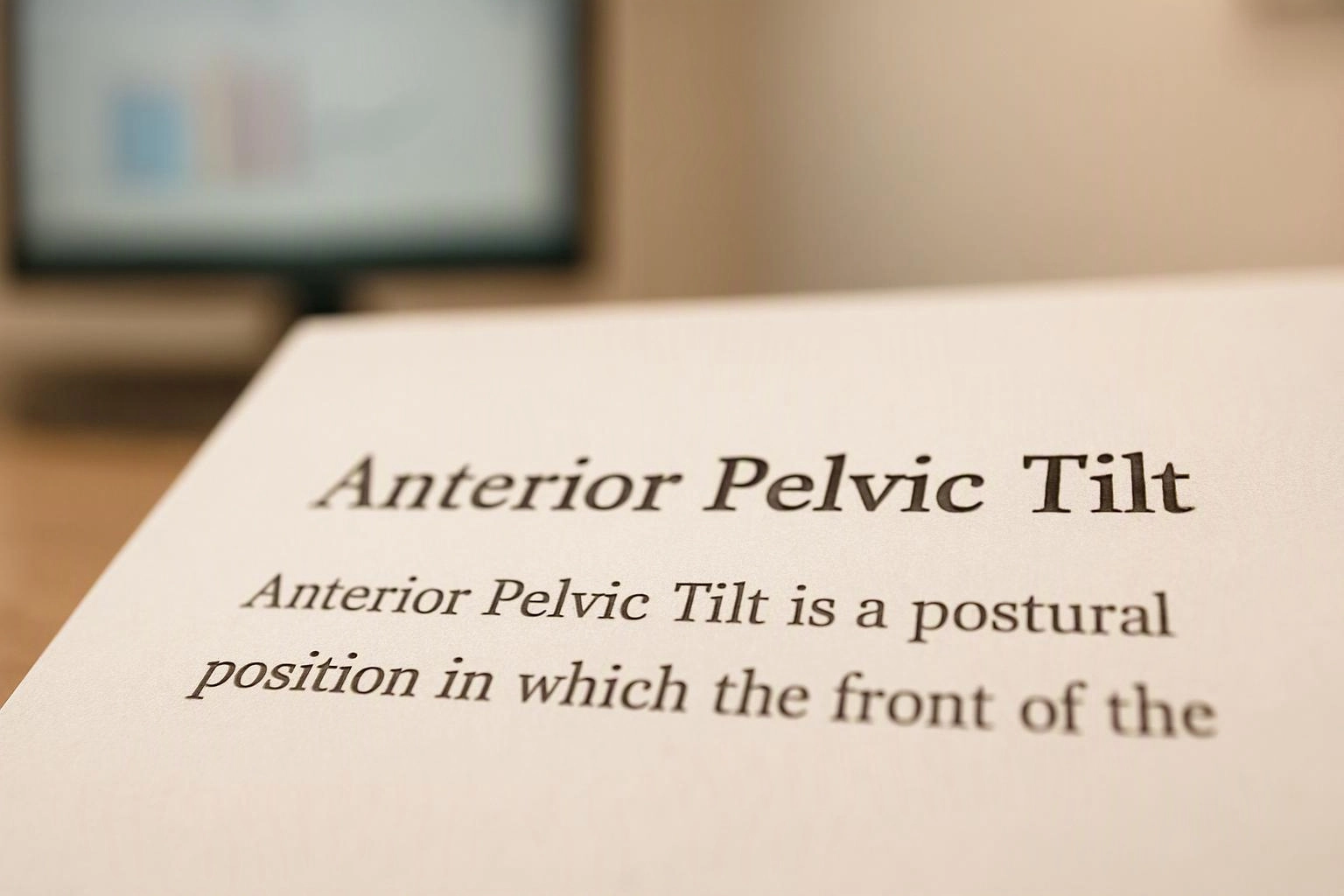 A printed page shows the heading “Anterior Pelvic Tilt” with blurred text in the background