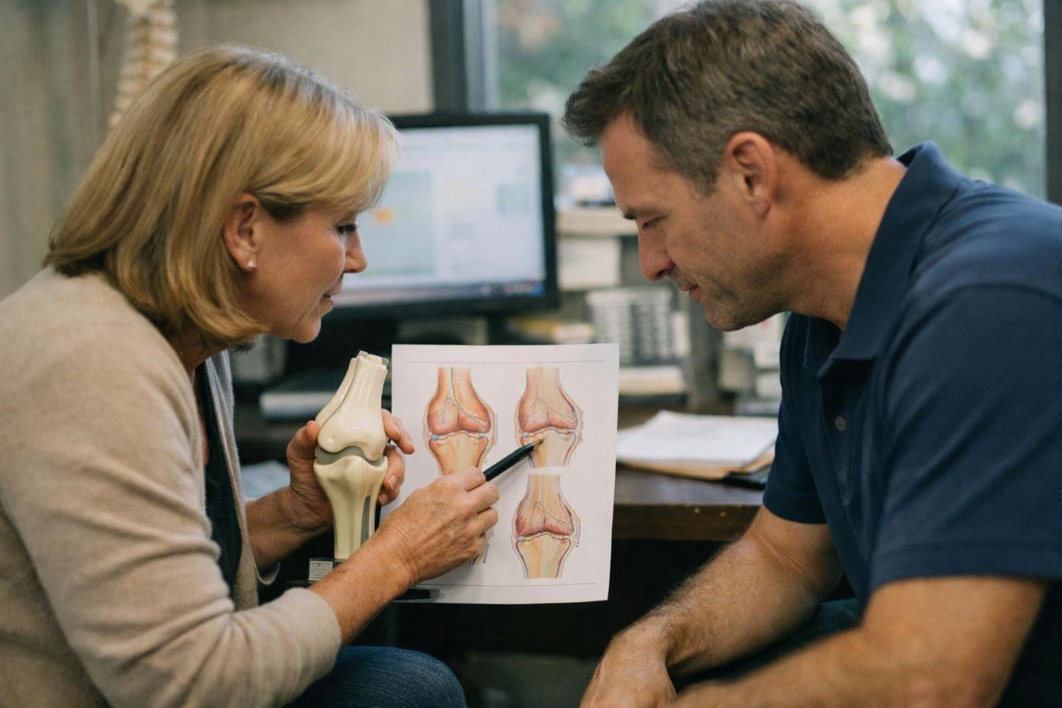 A woman shows a knee model and diagram to a man in an office setting