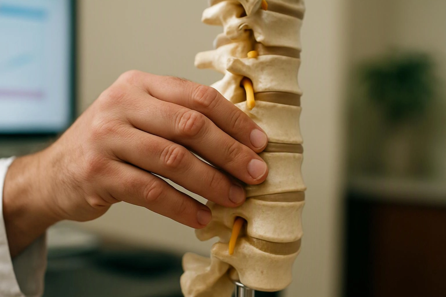 A hand holds a spine model in a clinical office setting