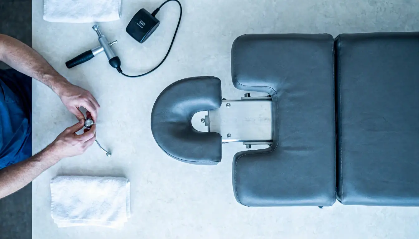 Chiropractic Table in Chiropractor: Chiropractic Table is a specialized piece of medical equipment designed for chiropract...
