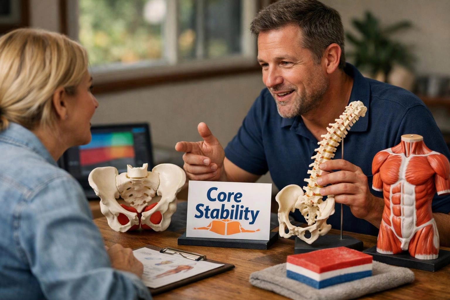 A man explains spine models across a desk to a seated woman in a bright office setting