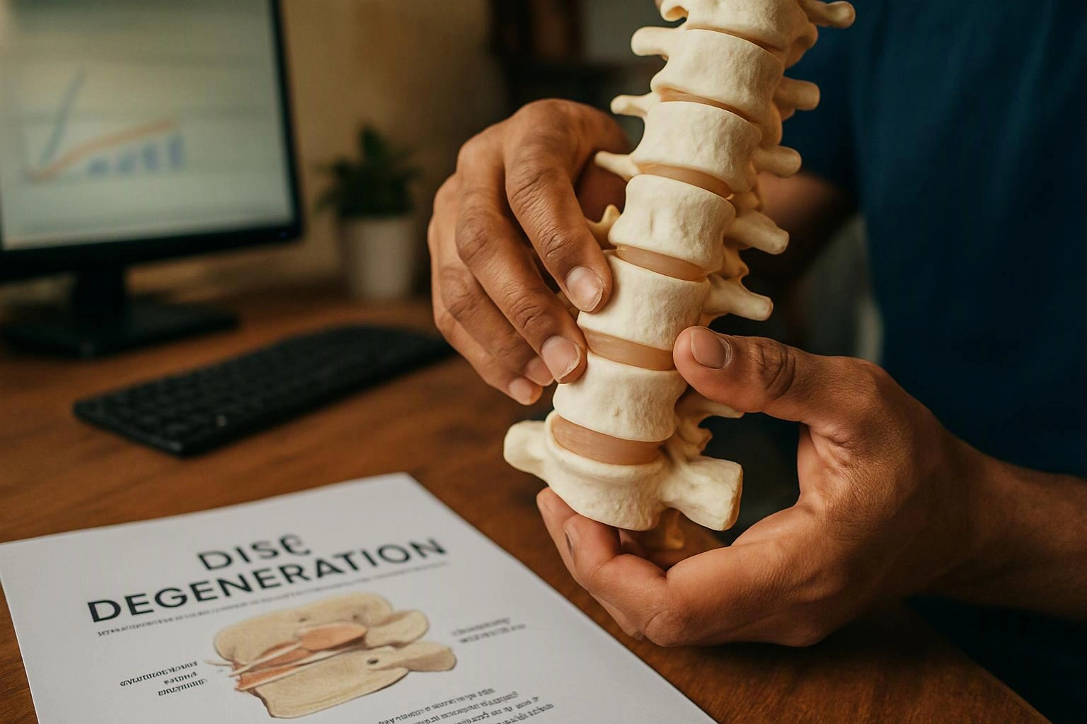 Hands hold a spine model over a desk, beside a paper titled “DISC DEGENERATION” with a computer screen behind it