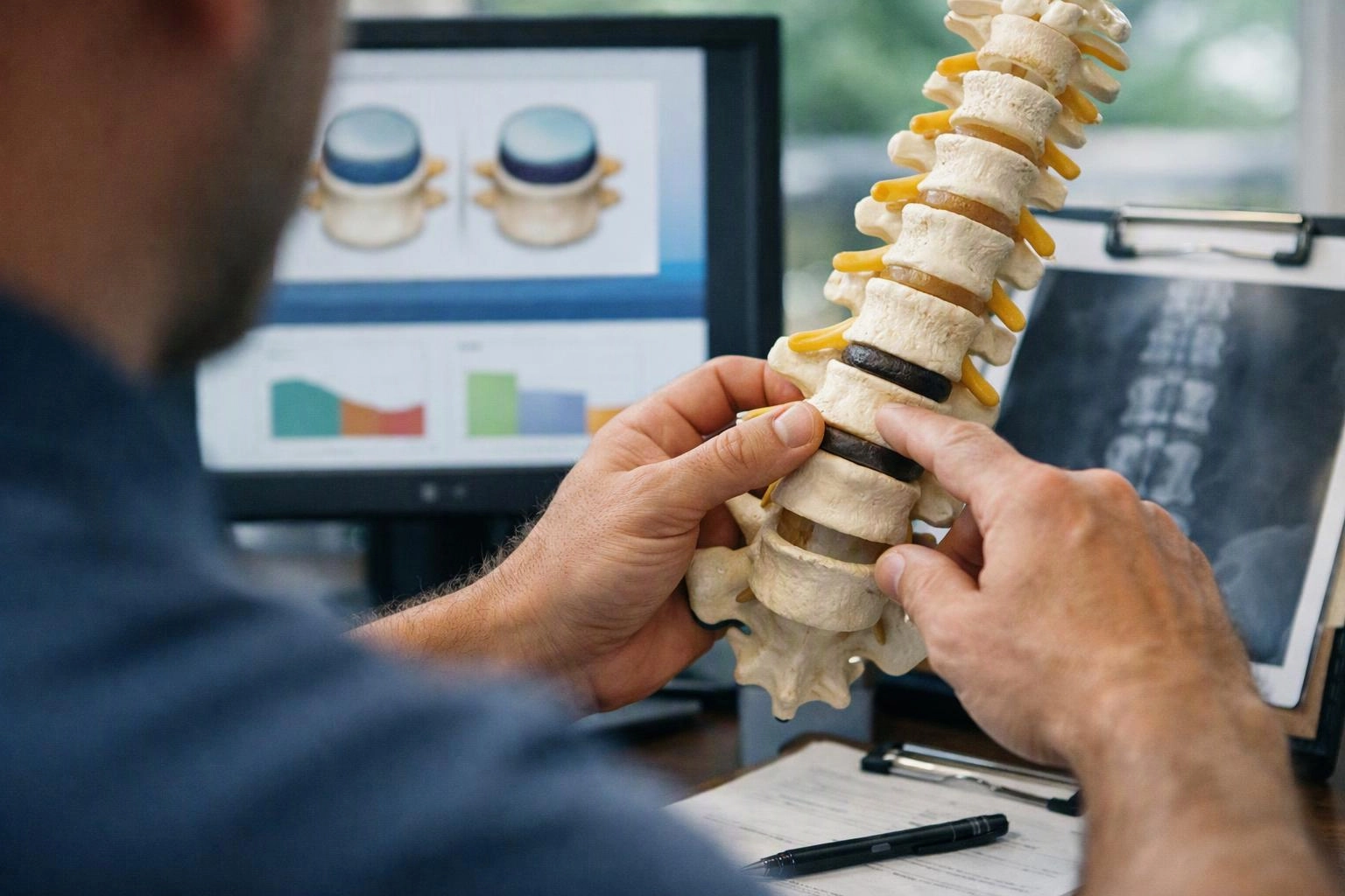 A person examines a plastic spine model beside a computer monitor and x-ray printouts on a desk