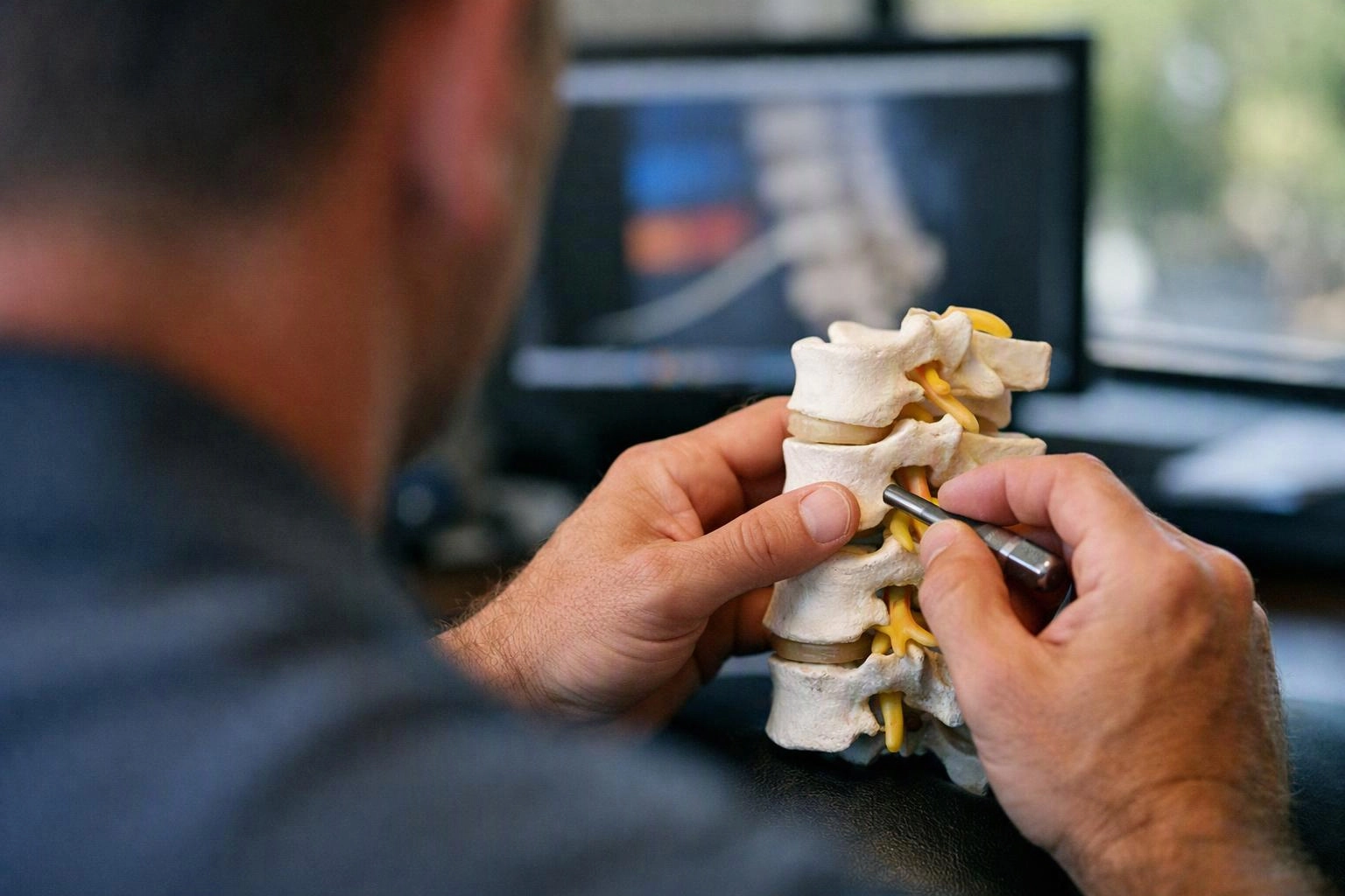 A person uses a metal tool on a spine model at a desk with a blurred monitor behind it
