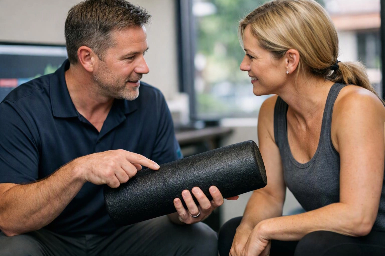 A man points at a foam roller while talking with a smiling woman in a gym-like room