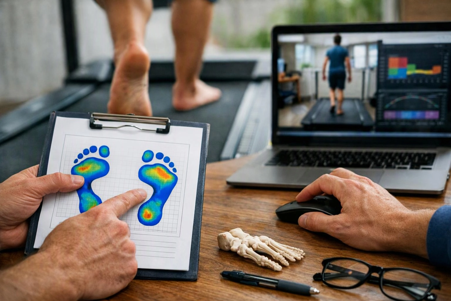 Hands point to foot pressure maps beside a treadmill, while a laptop shows a person walking and motion charts