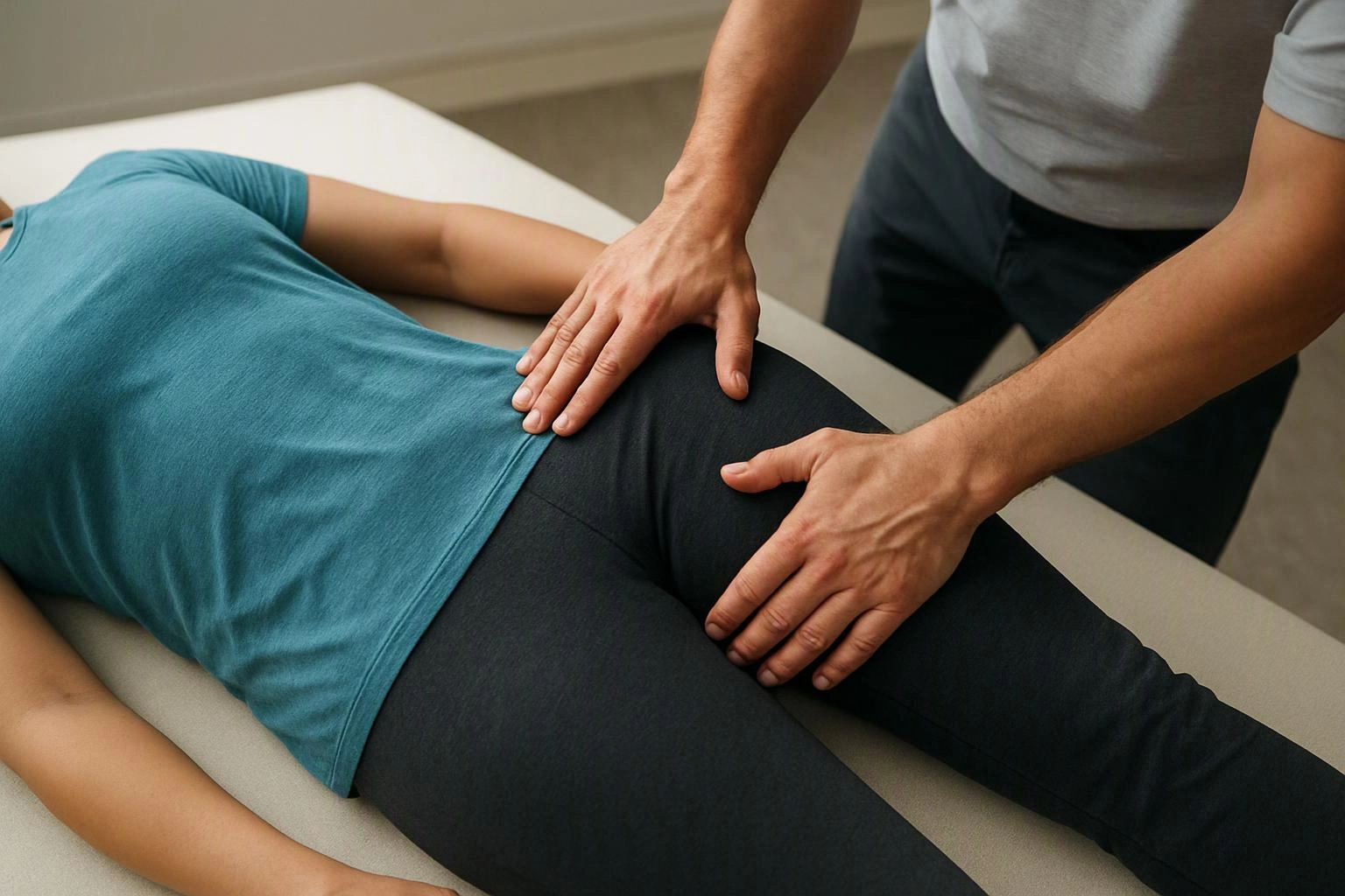 A person lies on a treatment table while another person presses and checks their hip and thigh muscles
