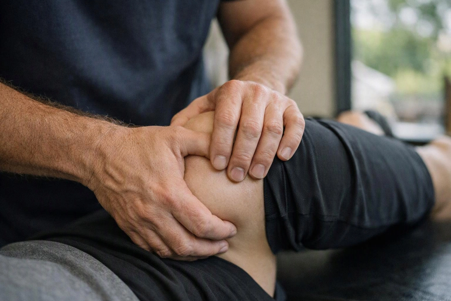 A therapist massages a person’s bent knee in a bright indoor room