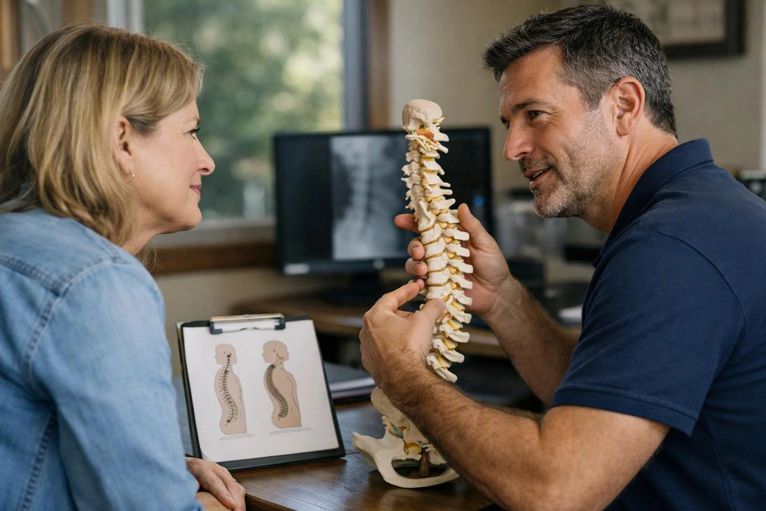 A man shows a woman a spine model during a consultation in a medical office