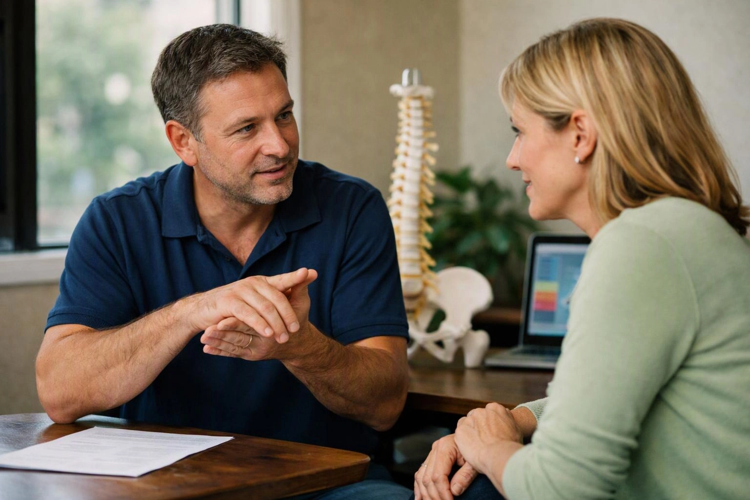 A man talks with a woman across a desk, with a spine model and laptop behind them
