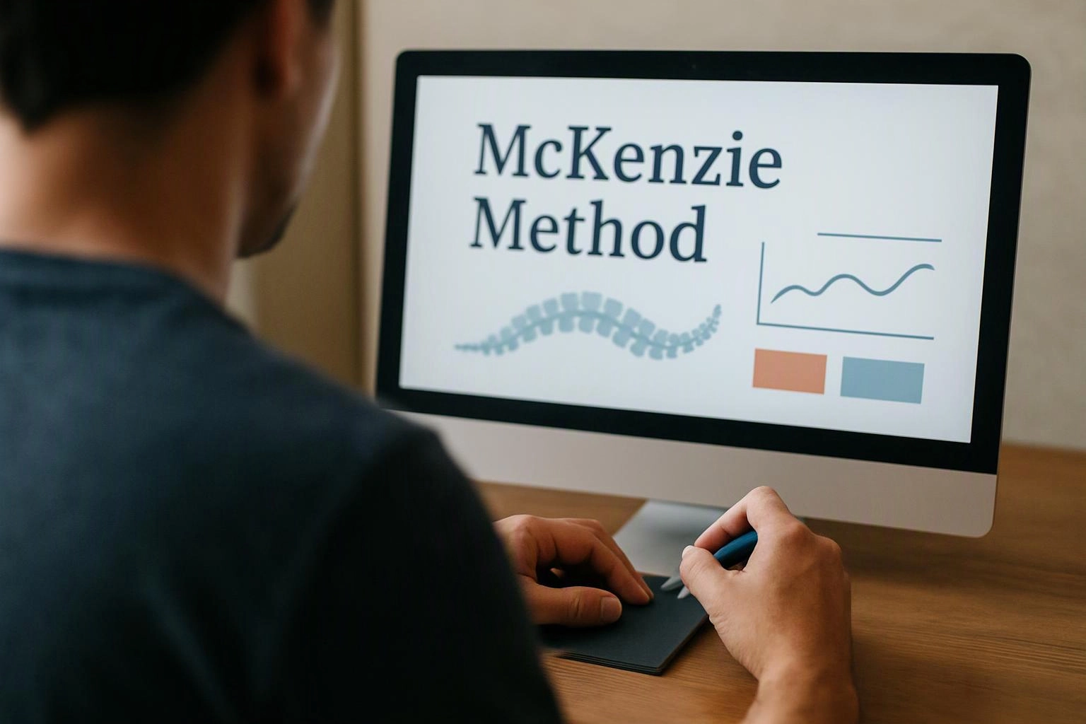 A person sits at a desk using a stylus while viewing a screen with “McKenzie Method” and simple charts