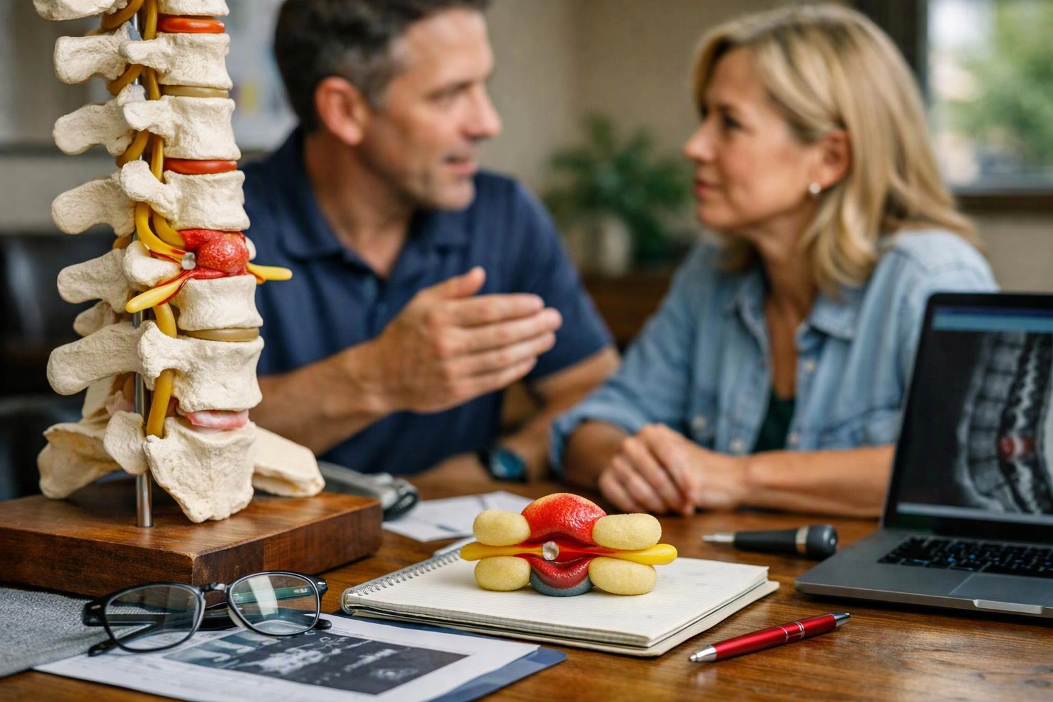 A blurred man and woman talk beside a spine model, desk props, and a laptop showing an x-ray