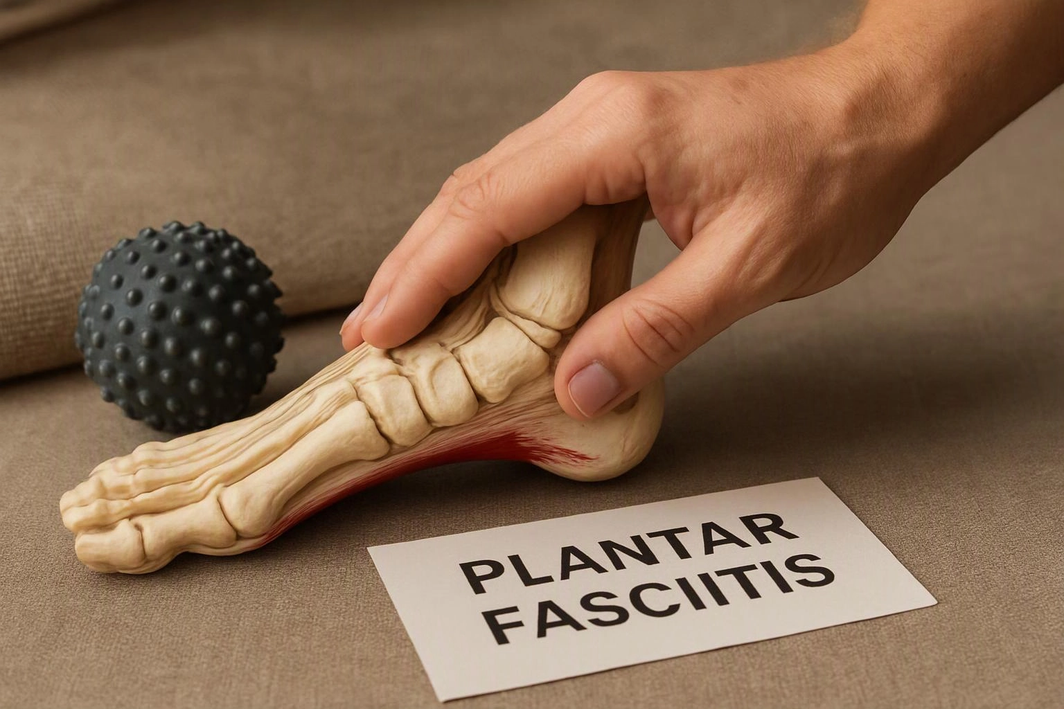 A hand presses a model foot beside a massage ball and a card reading plantar fasciitis