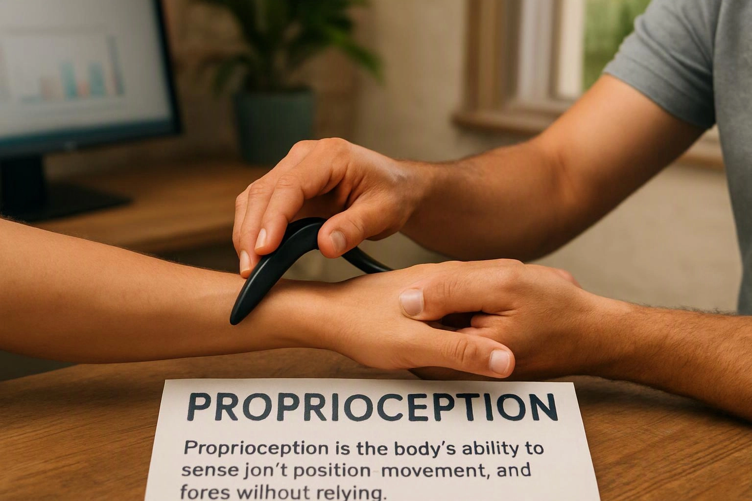 A person tests a wrist with a black tool over a paper labeled “PROPRIOCEPTION” on a wooden table