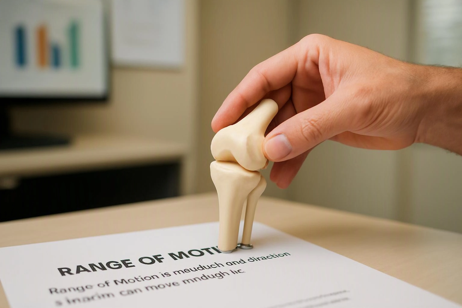 A hand moves a knee joint model above a paper titled “RANGE OF MOTI” on a desk