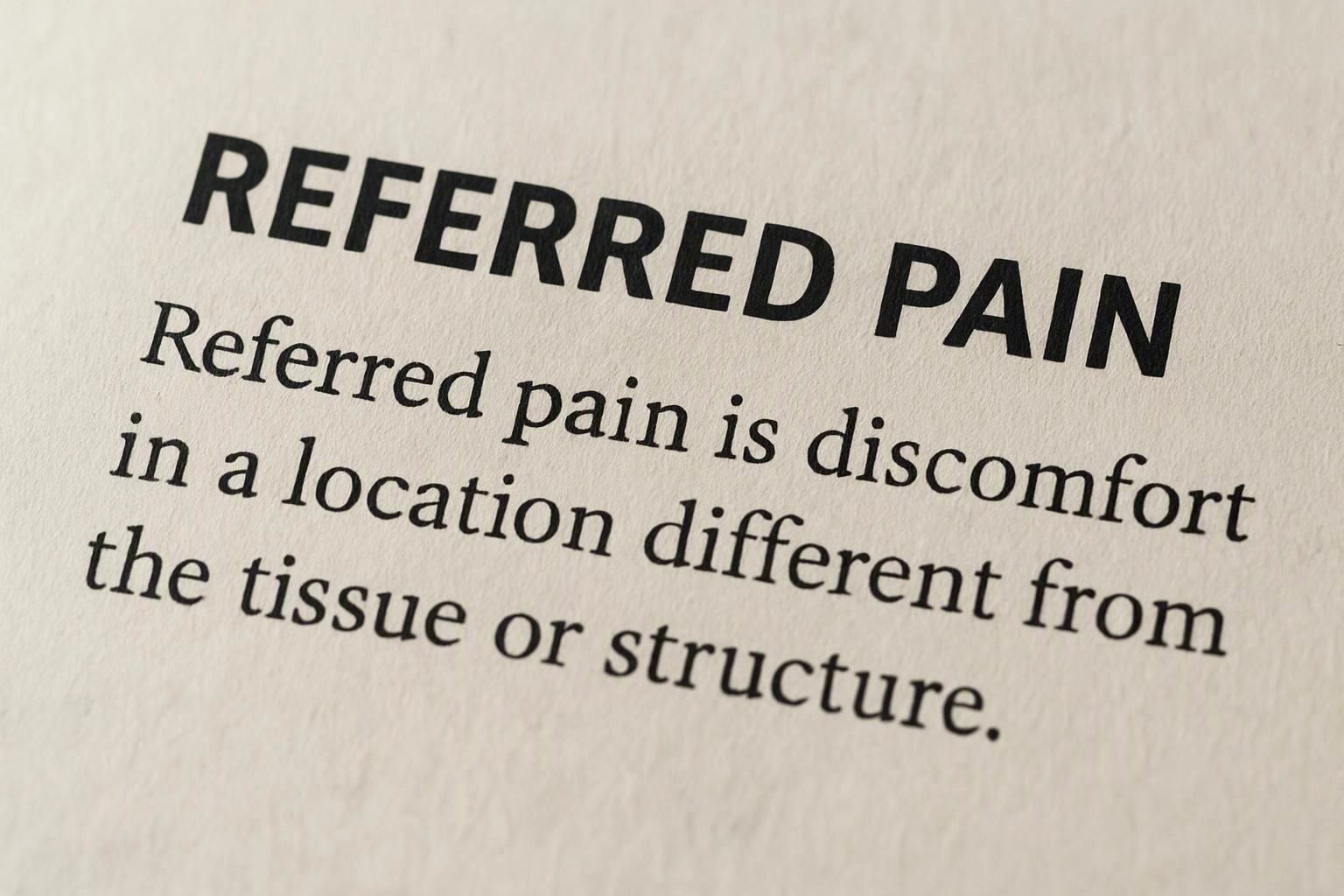 A tilted page shows the heading “REFERRED PAIN” with a short definition printed below