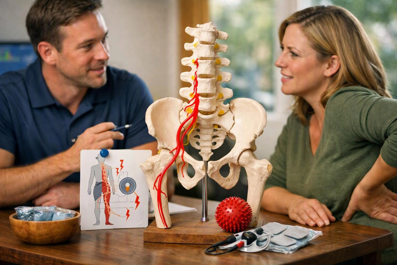 Two people discuss a spine model at a table with medical props in a bright room