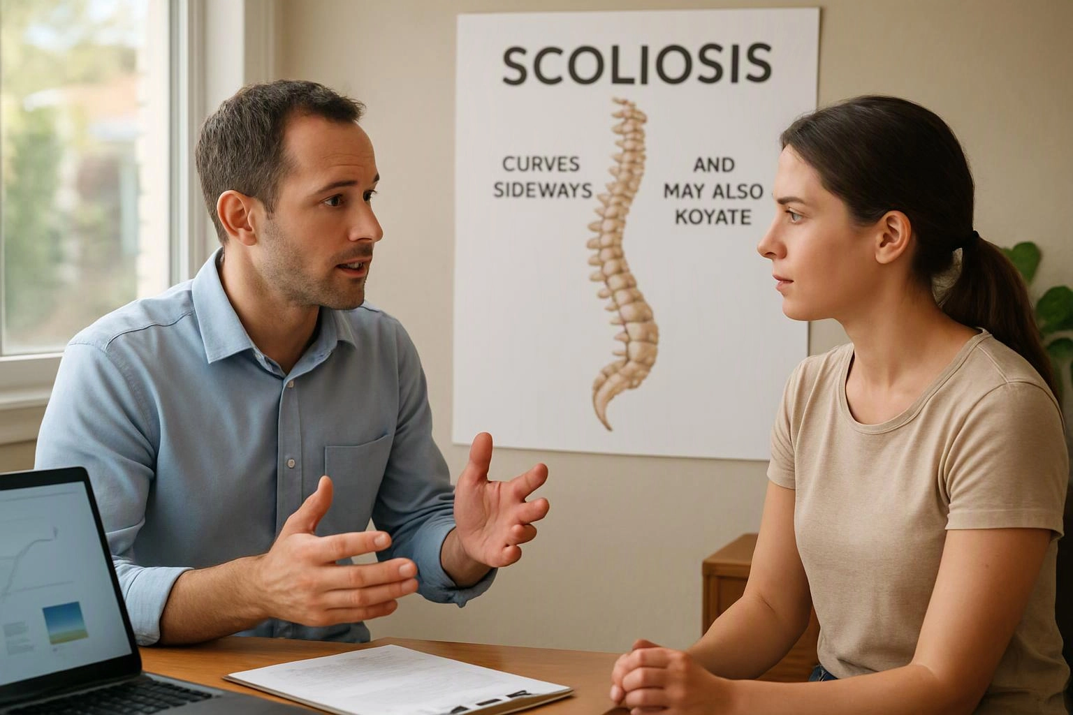 A man talks to a woman at a desk, with a scoliosis poster and laptop beside them
