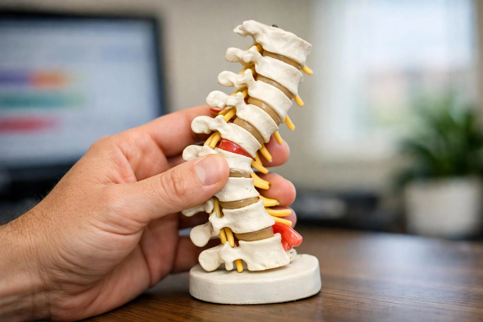 A hand holds a small model of a human spine on a desk in a blurred office setting