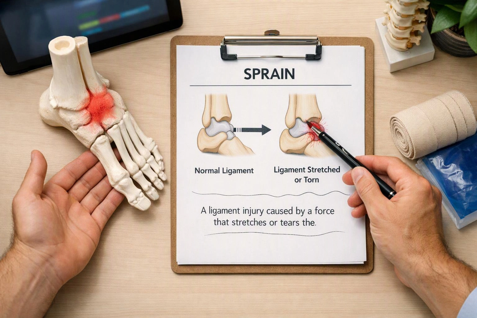 Hands hold a foot model and a pen over a clipboard showing a sprain diagram on a desk