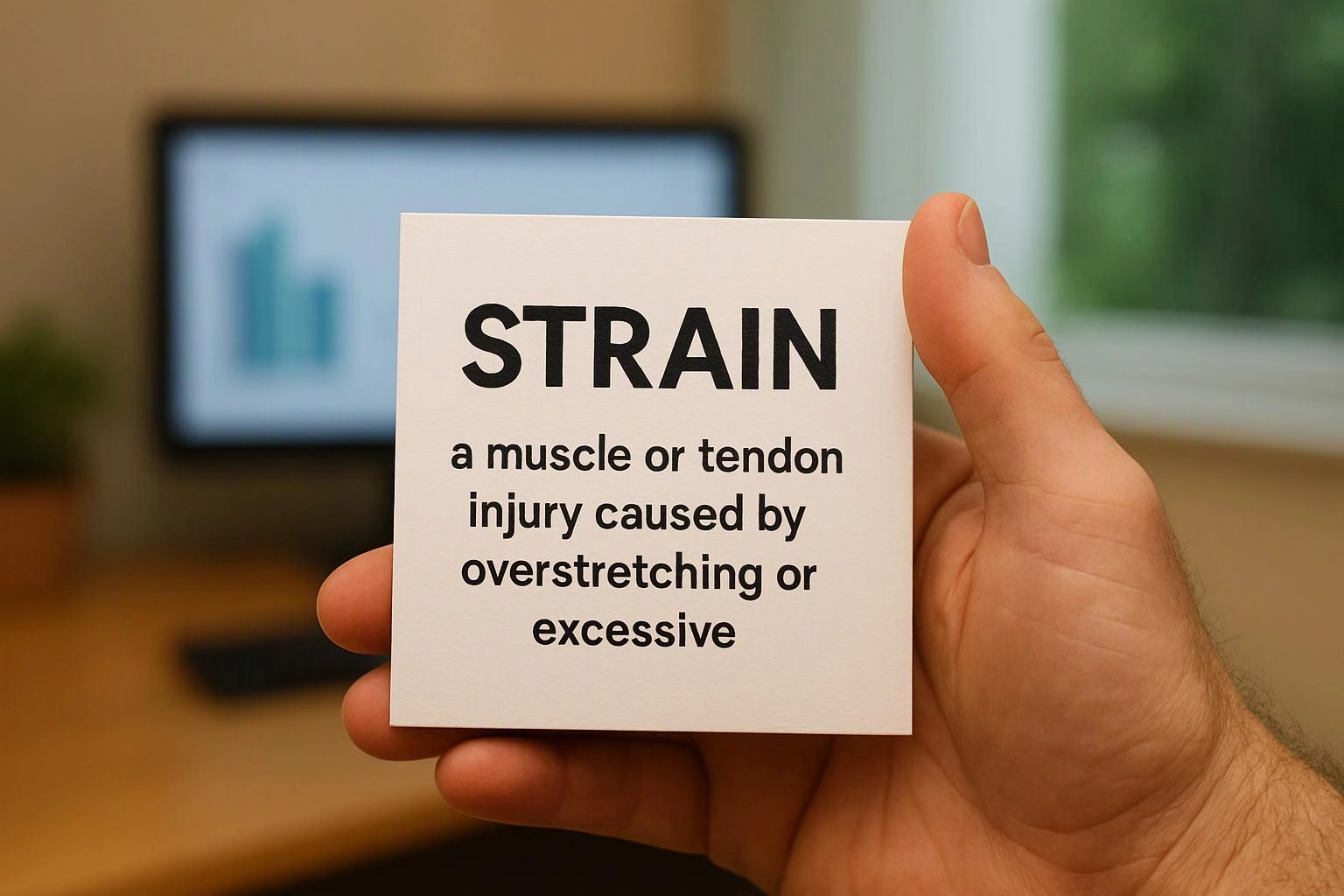 A hand holds a card reading “STRAIN” in front of a blurred computer screen indoors