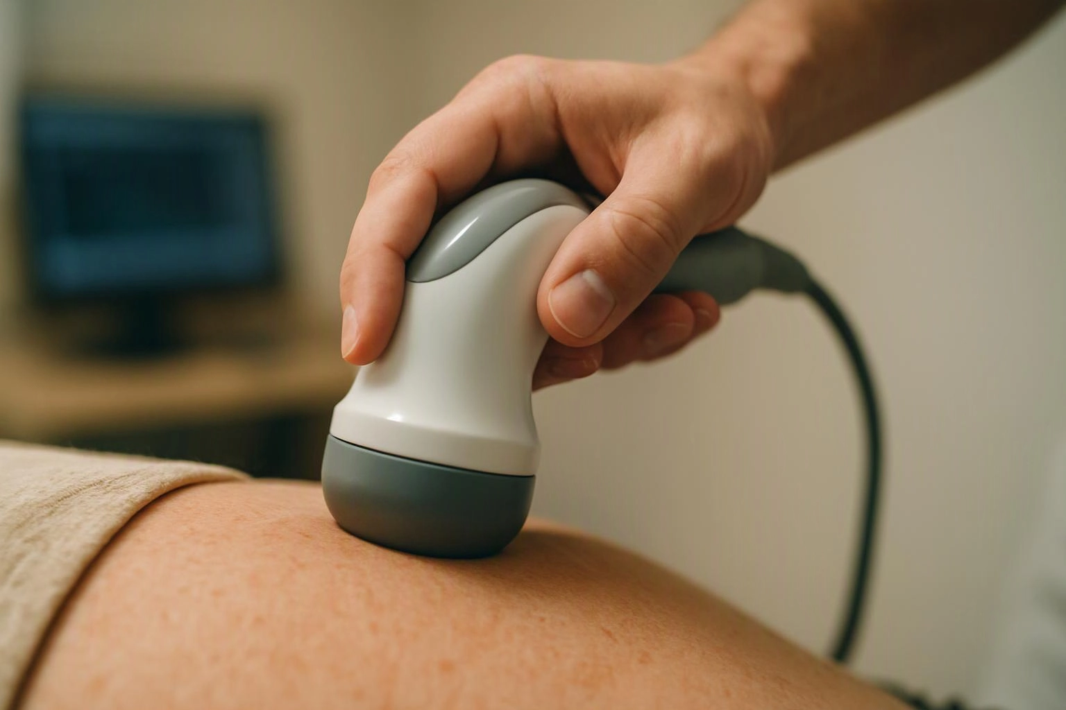 A hand holds an ultrasound probe against a person’s bare back in a clinical room