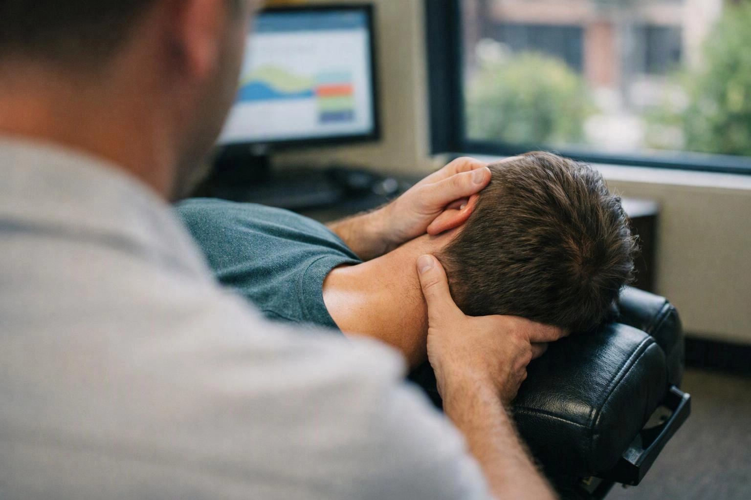 A chiropractor gently holds a patient’s head while he lies face down on a treatment table in an office