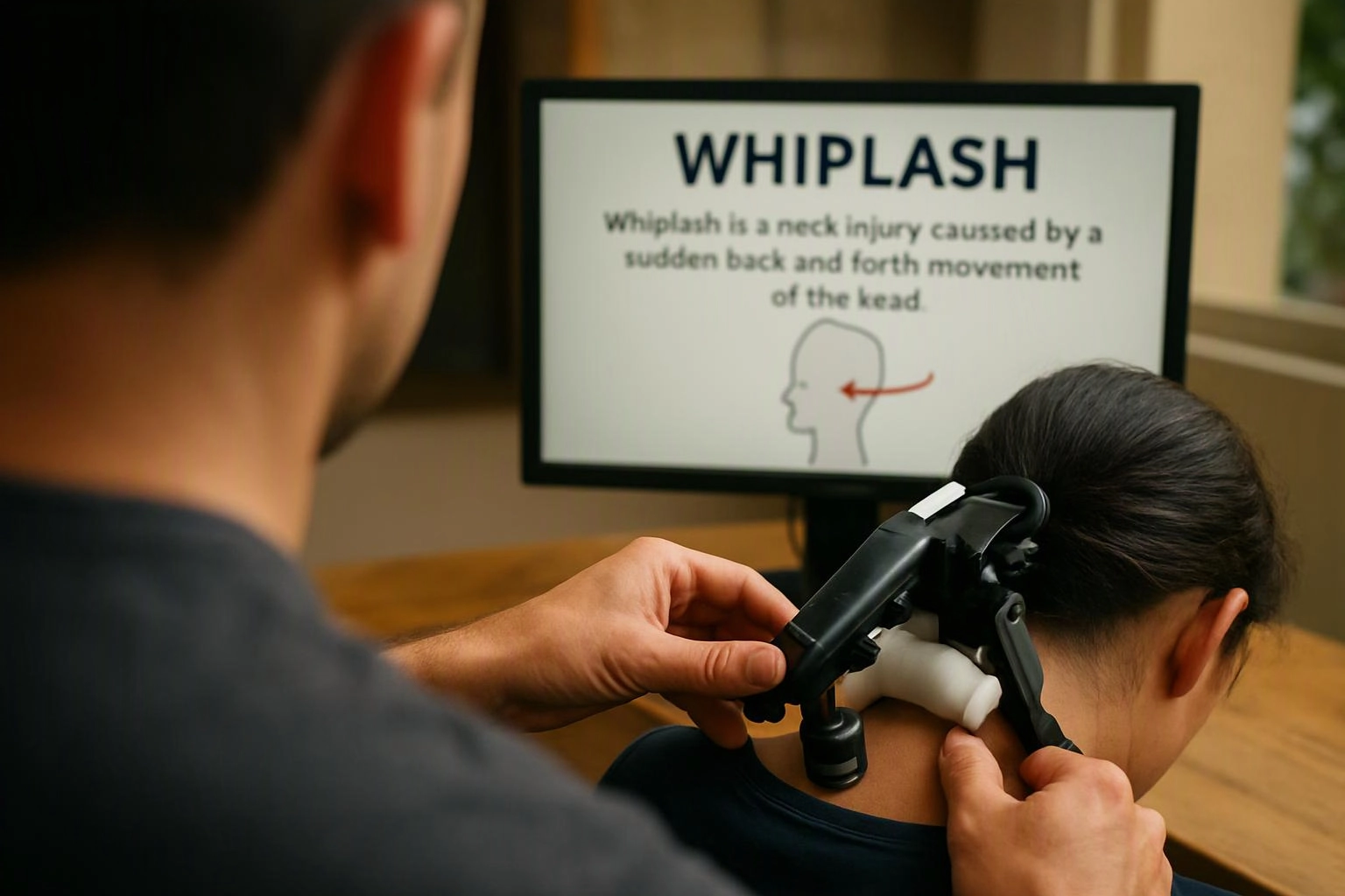 A person adjusts a neck brace on another person while a screen shows a whiplash injury diagram