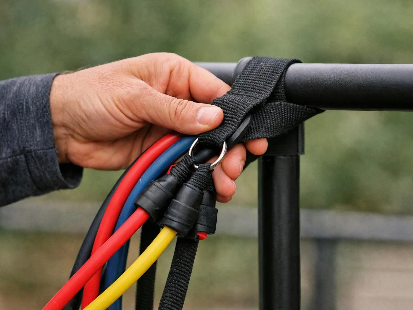 A hand grips a black strap holding red, blue, and yellow resistance bands on a metal rail