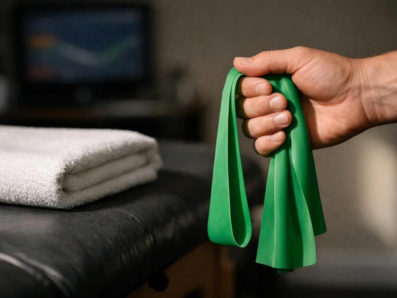 A hand holds green resistance bands beside folded towels on a treatment table
